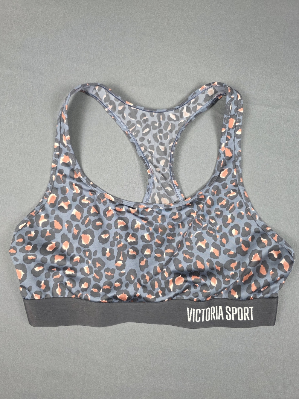 Victoria Sport Gray Blue Leopard Racerback Sports Bra with Coral Accents